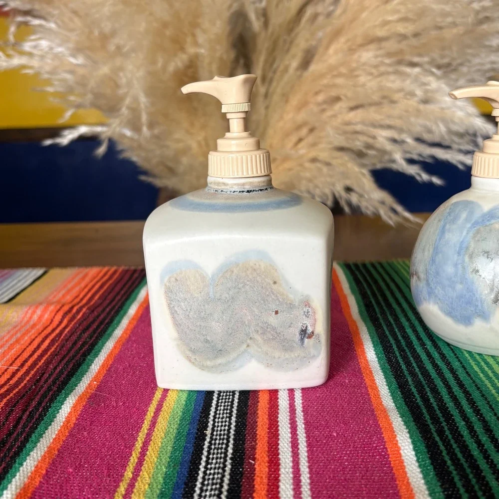 Handmade Studio Pottery Soap Dispenser Set Drip Glaze Stoneware Boho Decor 2pc